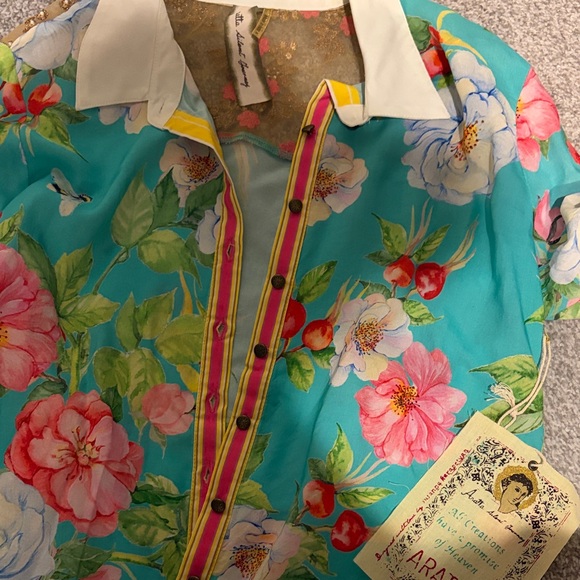 NWT Aratta La Ville Rose Floral Button Down Shirt Top S - Turquoise and Pink - Picture 2 of 2